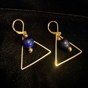 New Lapis Lazuli Sphere Within Golden Triangle Drop Dangle Earrings Ltd Edition